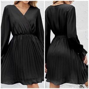 BBX Lephsnt Wrap V Neck Dress Wedding Guest Casual Pleated Long Sleeve
